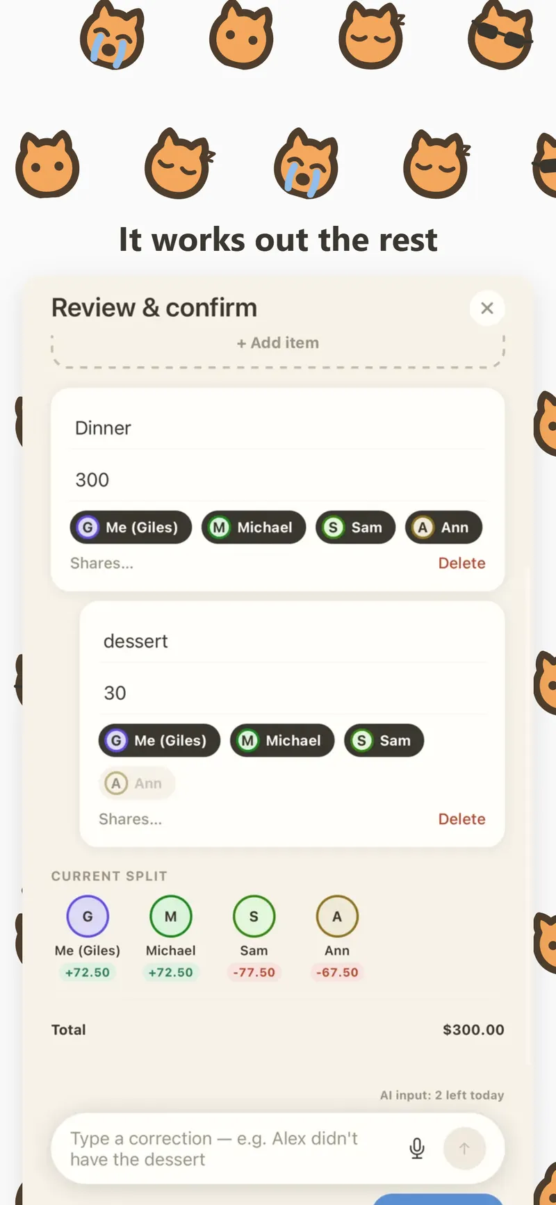 Review and confirm screen showing each item and share